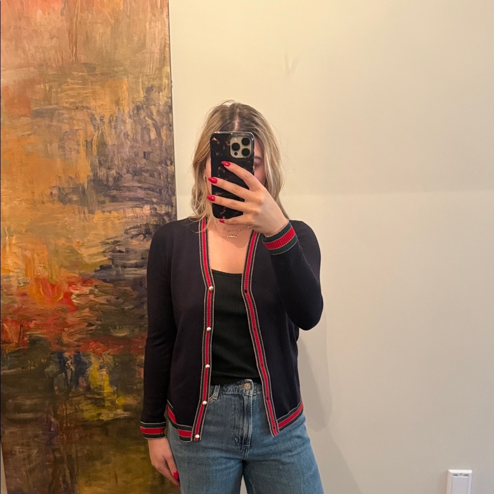 Gucci Navy Cardigan with Red and Green Trim